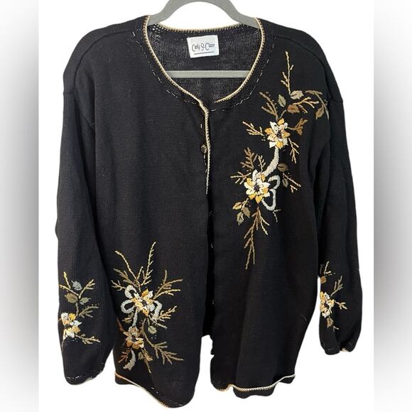 Vintage Carly St. Clare Womens Black Embroidered Cardigan 2XL - Picture 1 of 9